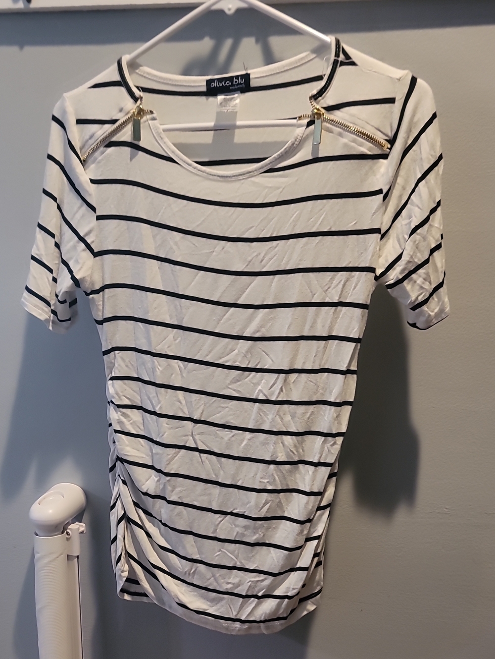 Olivia Blu White and Black Striped Zip-Shoulder Women’s Maternity Top